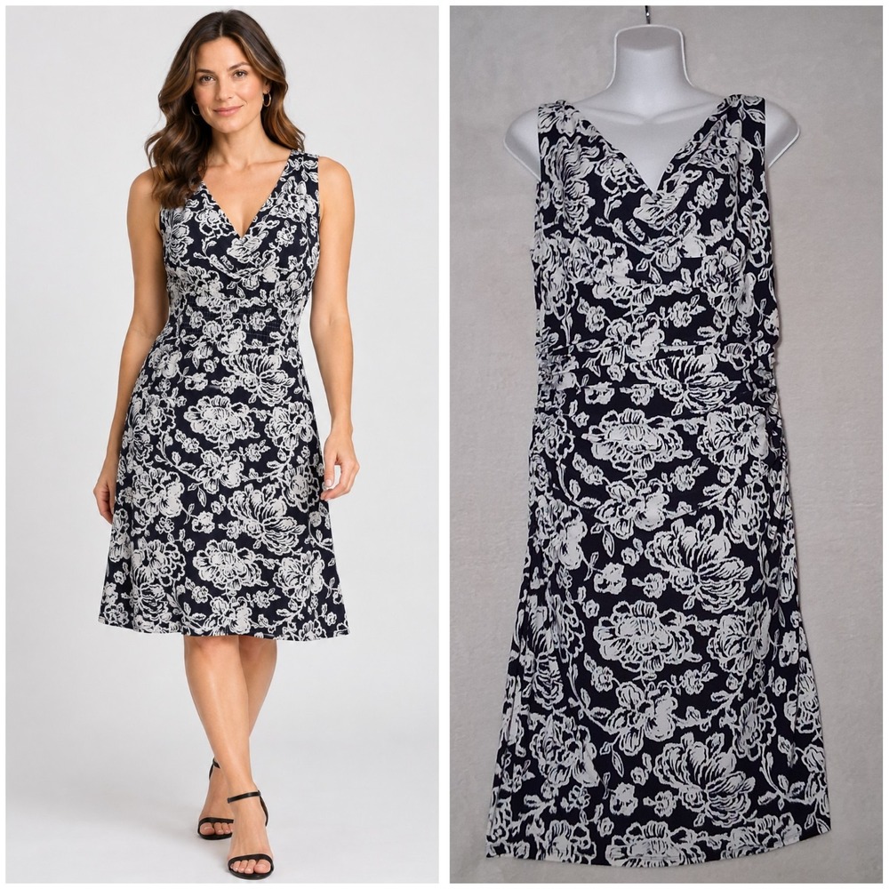 Lauren Ralph Lauren sleeveless black white flora drape cowl neck ruched dress 12